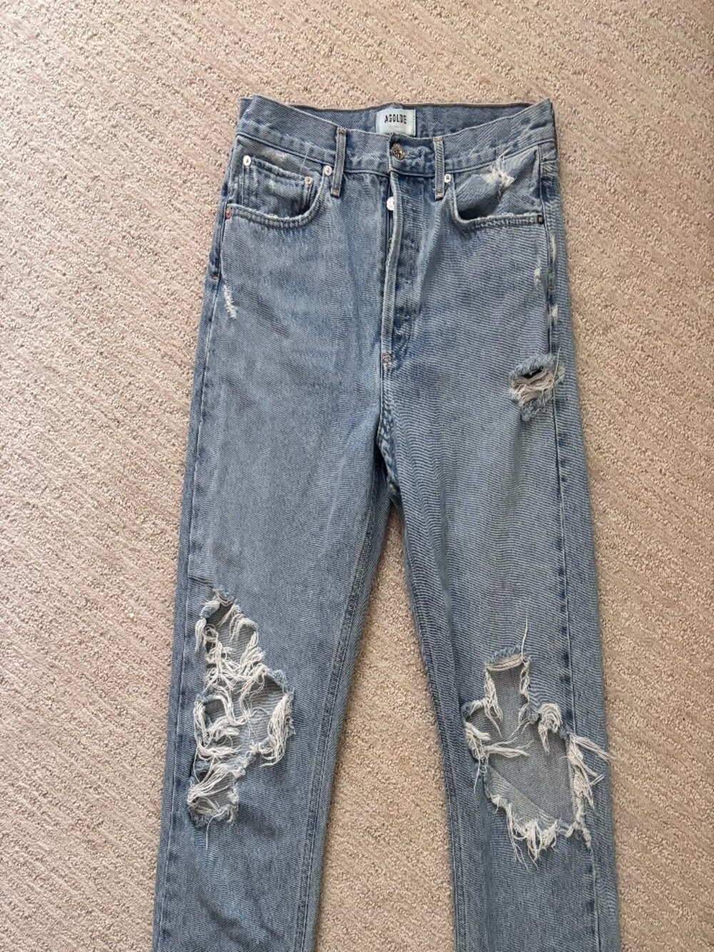 AGOLDE Distressed Straight Leg Jeans Light Wash Raw Hem High Rise Denim
